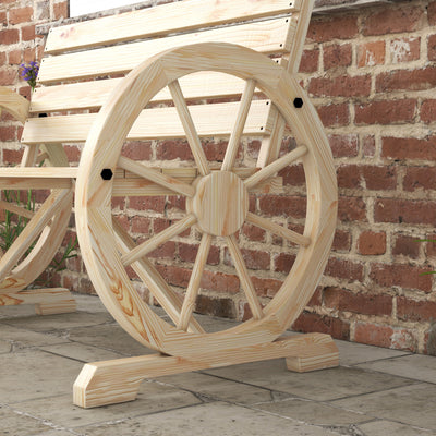 Outsunny Wagon Wheel Chair Bench Armrest Rustic Loveseat Wood Outdoor Garden, Natural 