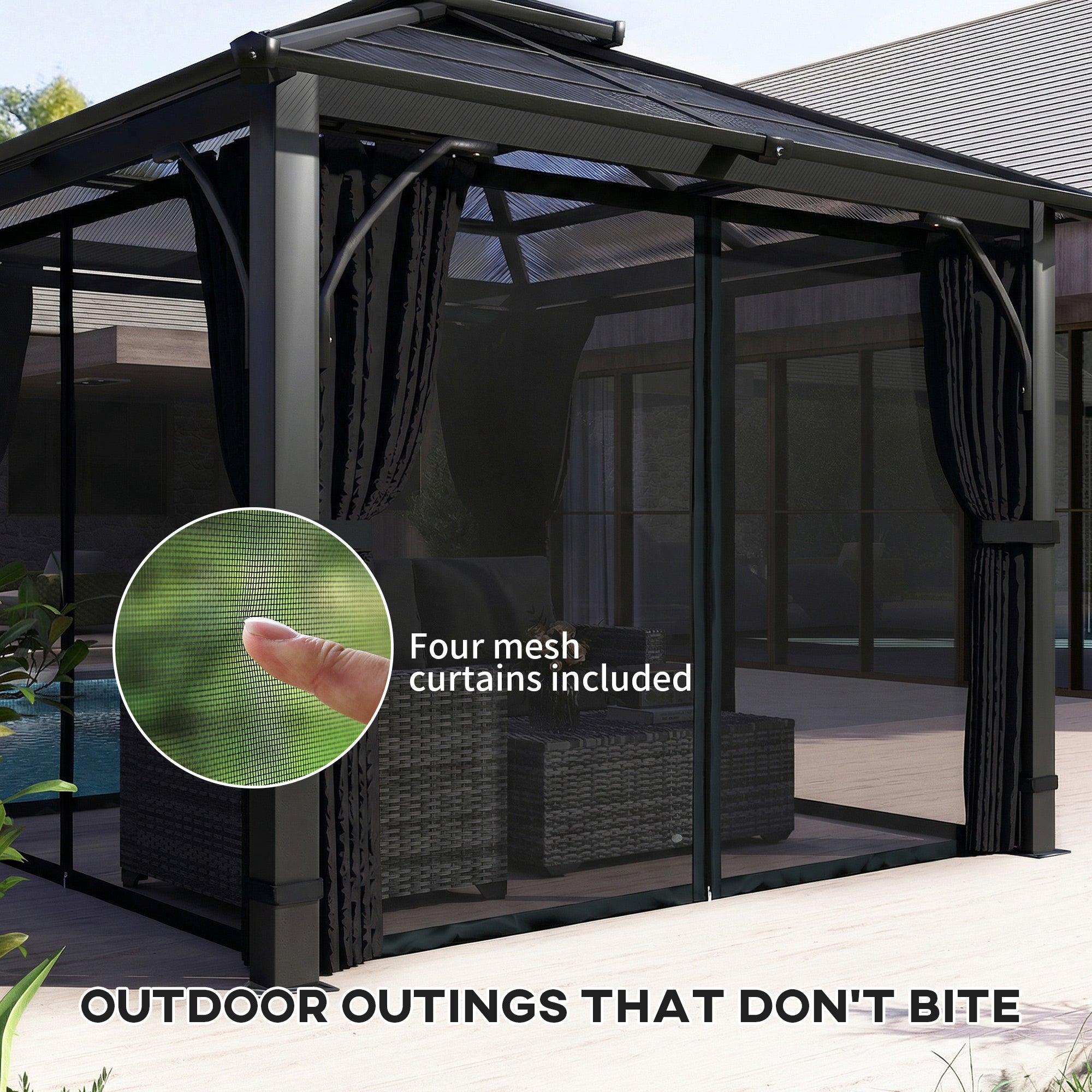 Outsunny 2.5 x 2.5 m Hardtop Gazebo Canopy with 7mm PC Roof, Garden Gazebo Permanent Pavilion with Netting, Curtains, Dark Grey 