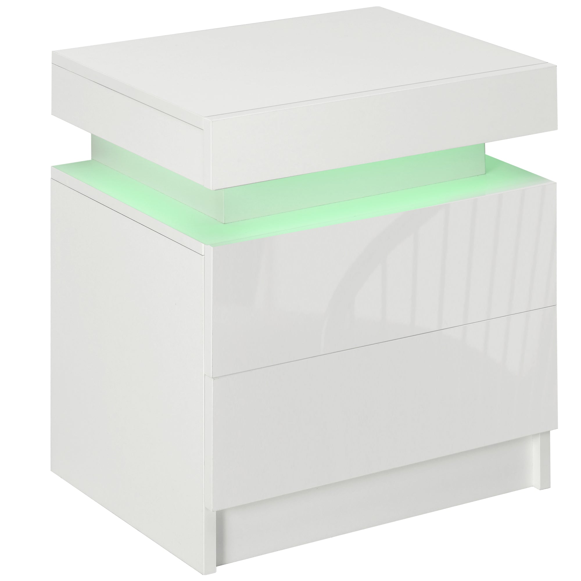 HOMCOM White Bedside Table with LED Light, High Gloss Front Nightstand with 2 Drawers, for Living Room, Bedroom 