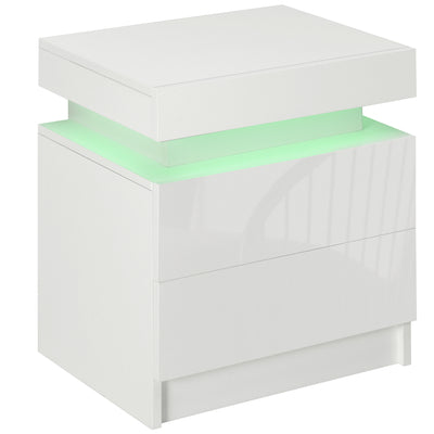 HOMCOM White Bedside Table with LED Light, High Gloss Front Nightstand with 2 Drawers, for Living Room, Bedroom 