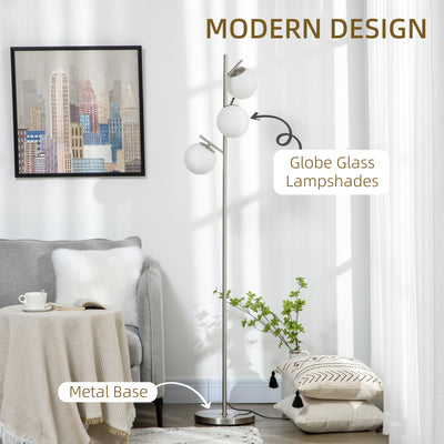 HOMCOM 3-Light Tree Floor Lamps for Living Room, Modern Standing Lamp for Bedroom with Globe Lampshade, Steel Base, Bulb not Included, Silver 