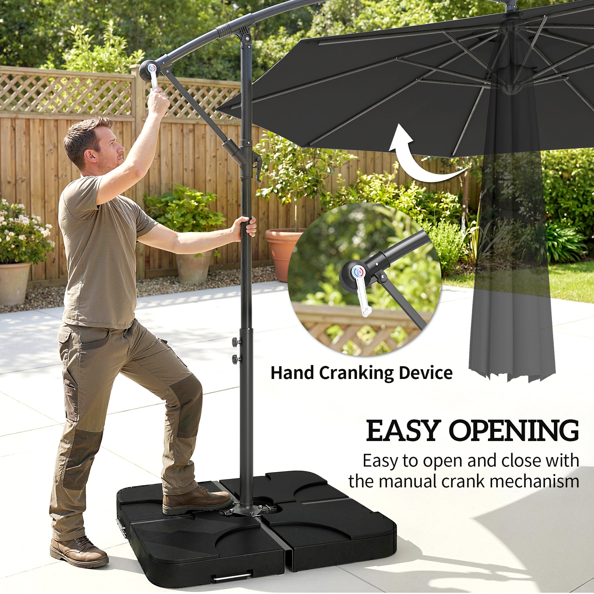 Outsunny 3m Overhanging Parasol, with Base, Weights and Cover - Black 