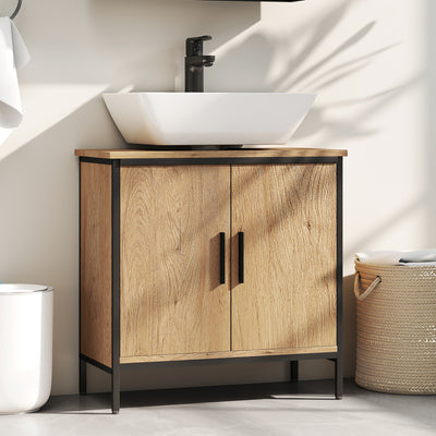 HOMCOM Bathroom Vanity Unit, Under Sink Storage Cabinet with 2 Doors, Adjustable Shelf for Basin without or with Pedestal, Oak 