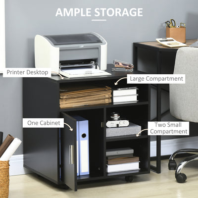 HOMCOM Multi-Storage Printer Stand Unit Office Desk Side Mobile Storage w/ Wheels Modern Style 60L x 50W x 65.5H cm - Black 