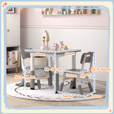 AIYAPLAY Height Adjustable Toddler Table and Chair Set, 3 Pcs Children Activity Table w/ 2 Chairs, for Playroom, Bedroom - Grey 