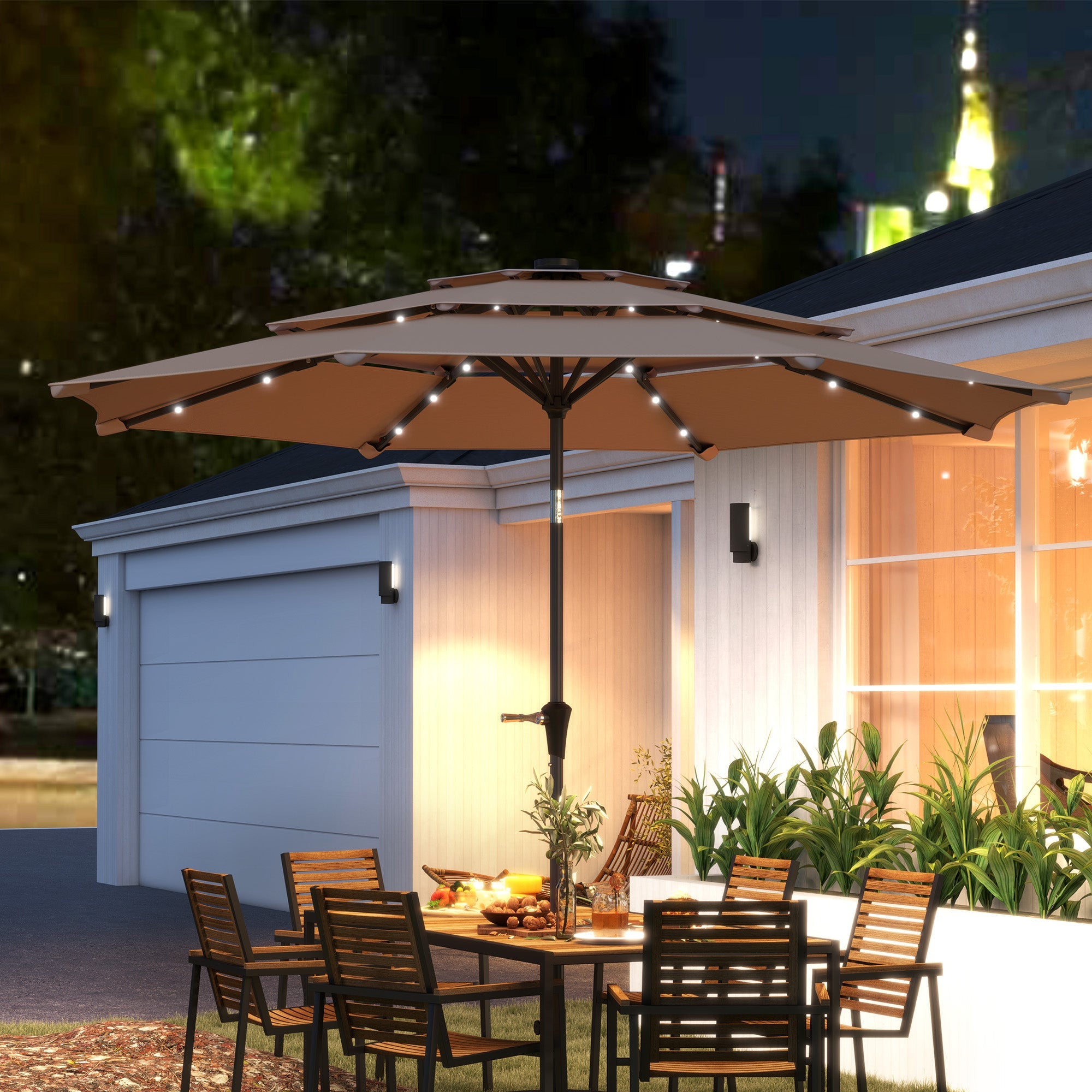 Outsunny 3-Tier Garden Parasol with Solar LED Lights, UPF 30+, Tilt Mechanism & Crank Handle, for Market Terrace, Khaki 