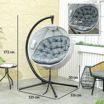 Outsunny Hanging Egg Chair Outdoor Indoor Garden Swing Chair with Folding Basket, Garden Hanging Chair with Stand, Thickened Cushion, Cup Holder for Patio, Balcony, Grey 