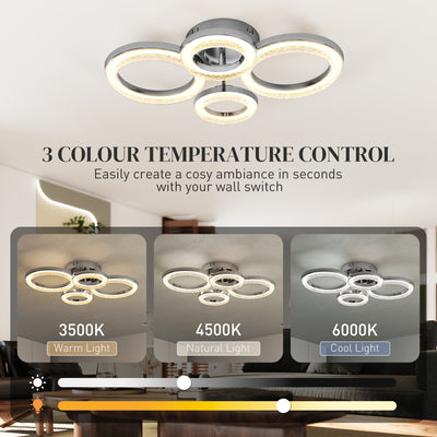 HOMCOM LED Ceiling Light, Modern Dimmable 4 Rings Ceiling Lamp with Wall Switch, 40W 4350lm Flush Mount Ceiling Light with 3500K/4500K/6000K Colour Temperatures for Living Room, Bedroom, Silver Tone 