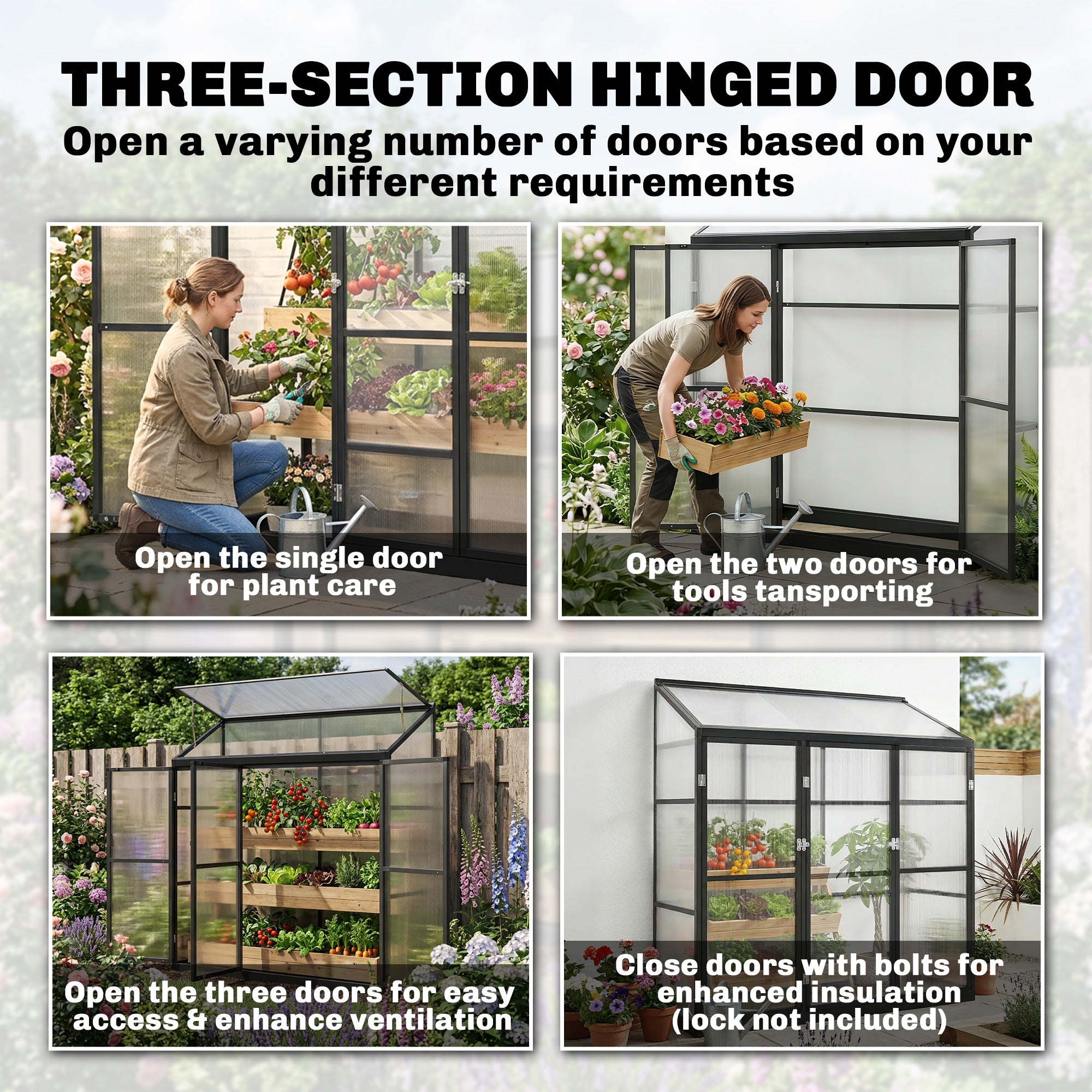 Outsunny Polycarbonate Greenhouse with 3 Hinged Doors, Top Vent, Lean-to Green House, Walk-in Greenhouse, 6 x 1.5ft, Black 