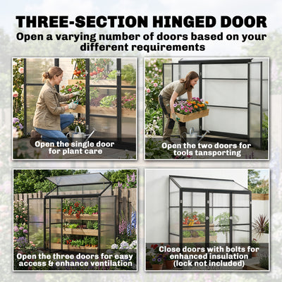 Outsunny Polycarbonate Greenhouse with 3 Hinged Doors, Top Vent, Lean-to Green House, Walk-in Greenhouse, 6 x 1.5ft, Black 