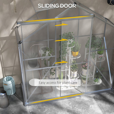 Outsunny 6 x 2.5ft Polycarbonate Greenhouse Walk-In Green House with Rain Gutter, Sliding Door, Window, Foundation, Silver 