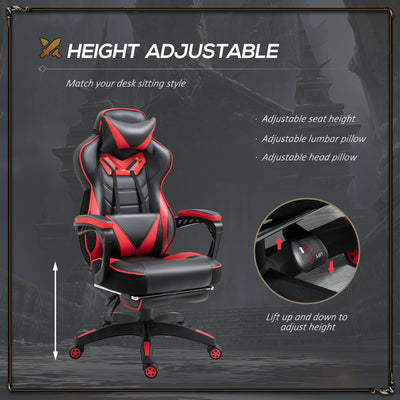 Vinsetto Computer Gaming Chair, Racing Desk Chair with Lumbar Support and Footrest, PU Leather Gamer Chair with Headrest and Swivel Wheels for Home, Red 