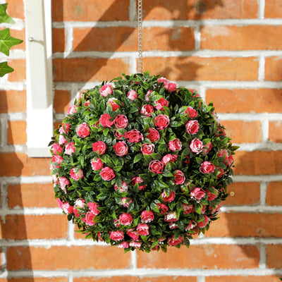 HOMCOM Set of 2 Decorative Artificial Plants, UV-protected Artificial Plant Topiary Rose Balls, Fake Plants for Home Indoor outdoor Decor, 28cm, Pink 