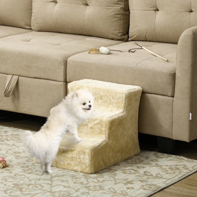 PawHut Three-Step Dog Stairs, with Washable Plush Cover, for High Bed Sofa, Dog Stairs for Small Dog and Cat - Beige 