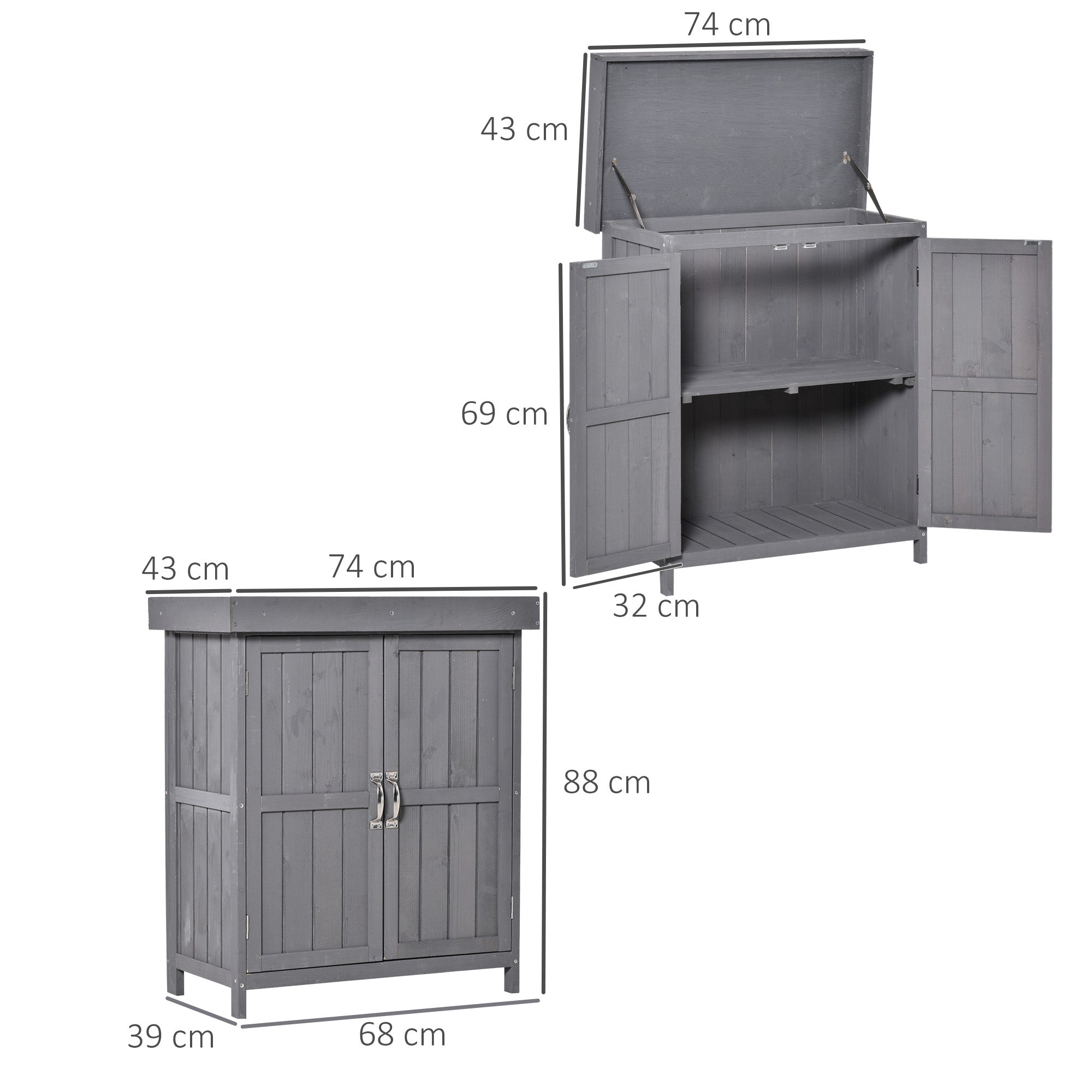 Outsunny Wooden Garden Storage Shed with Hinged Roof and Shelves, Outdoor Storage Cabinet Chest, Double Doors, 74 x 43 x 88cm, Grey 