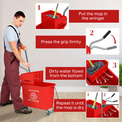 HOMCOM 20L Mop Bucket on Wheels, with Water Separation Panel - Red 