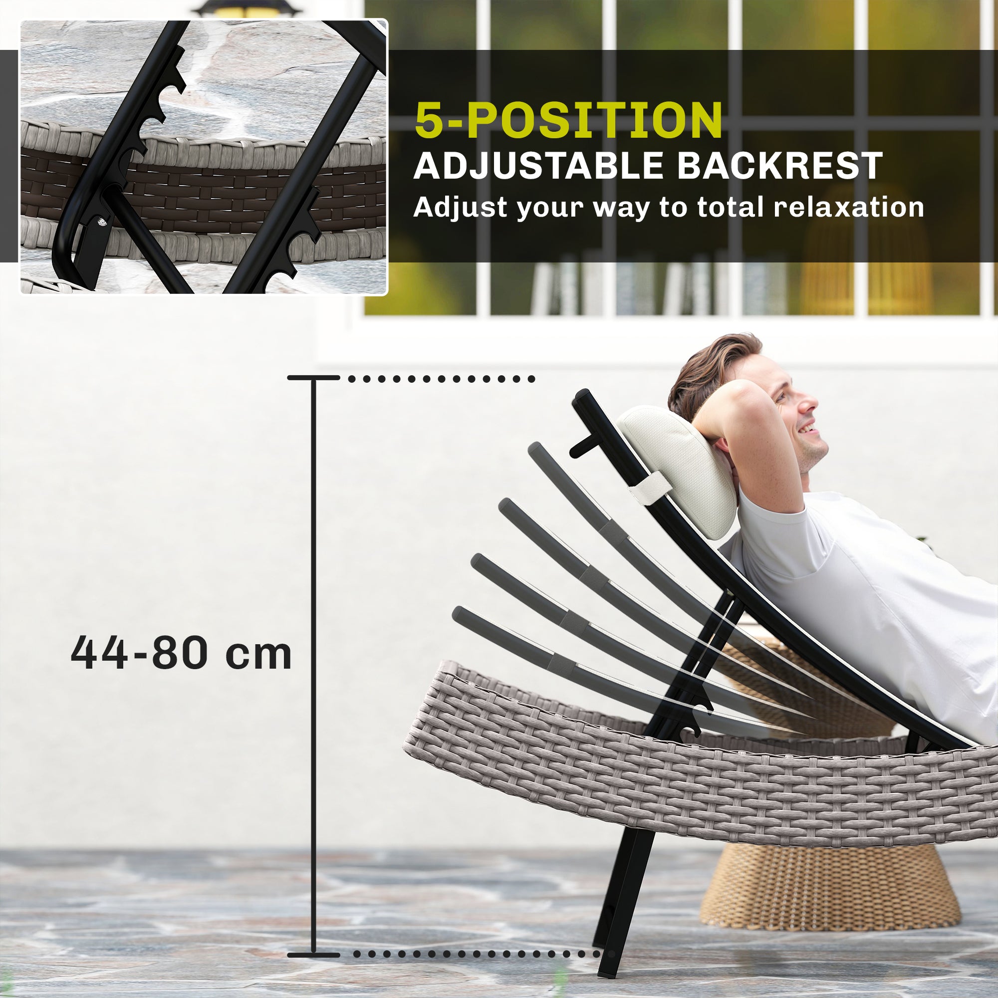 Outsunny Rattan Sun Lounger, Garden Recliner with 5 Position Adjustable Back, S Shaped Texteline Seat, Headrest, Cream White 