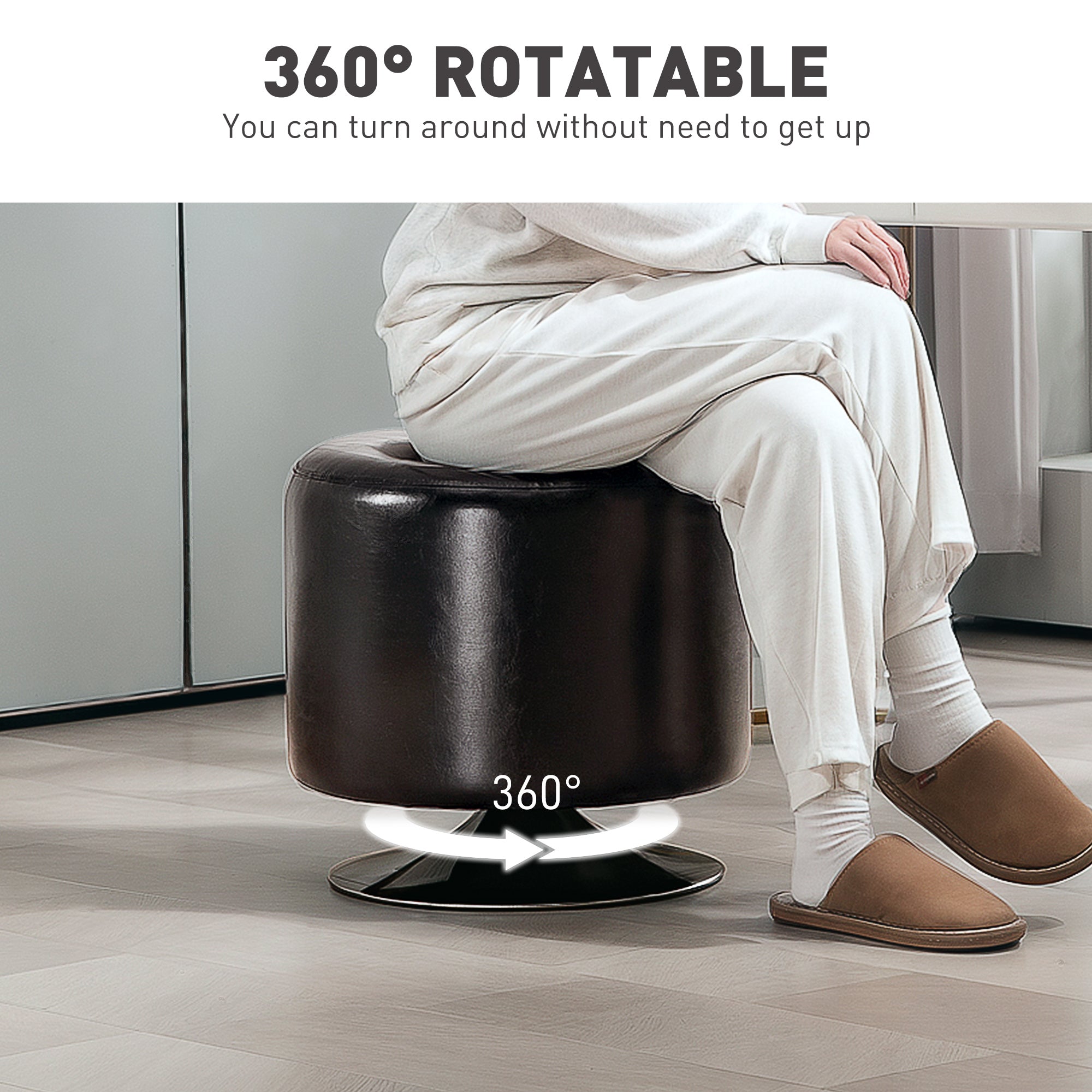 HOMCOM 360\'c2\'b0 Swivel Foot Stool Round PU Footstool with Thick Sponge Padding and Solid Steel Base, Brown