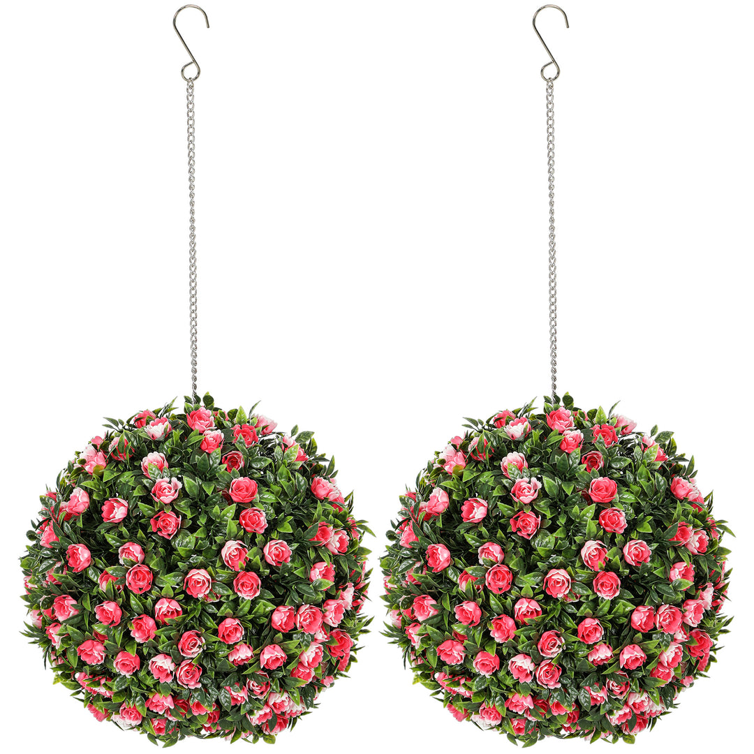 HOMCOM Set of 2 Decorative Artificial Plants, UV-protected Artificial Plant Topiary Rose Balls, Fake Plants for Home Indoor outdoor Decor, 28cm, Pink 