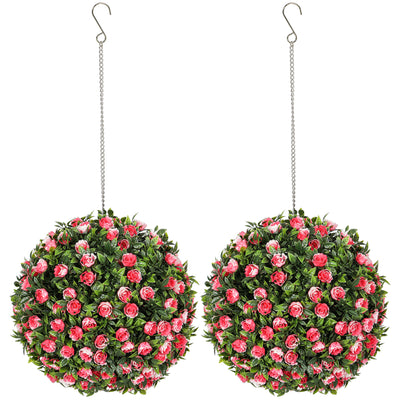 HOMCOM Set of 2 Decorative Artificial Plants, UV-protected Artificial Plant Topiary Rose Balls, Fake Plants for Home Indoor outdoor Decor, 28cm, Pink 