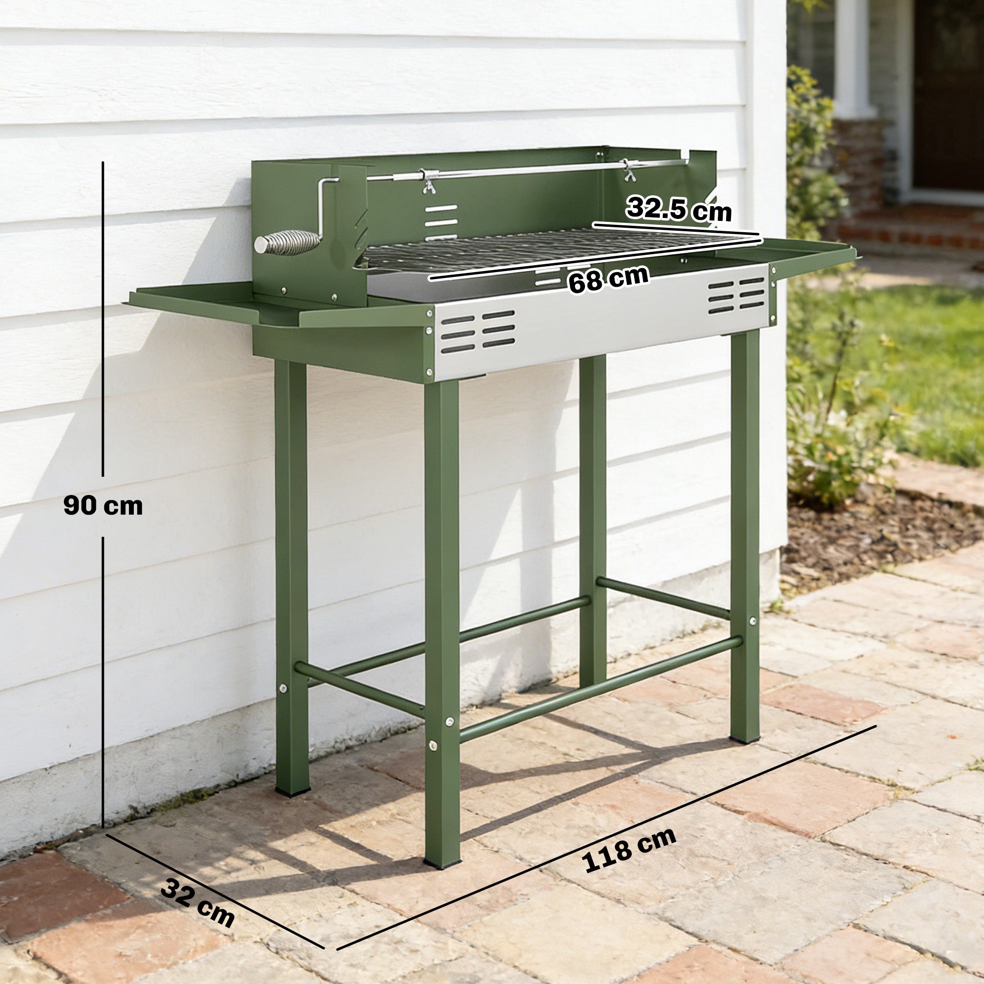 Outsunny BBQ Rotisserie Grill Roaster Charcoal Spit Roasting Machine for Chicken Turkey with 3-Level Grill Grate, Side Shelves, Dark Green 