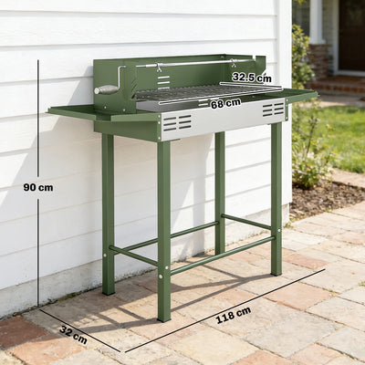 Outsunny BBQ Rotisserie Grill Roaster Charcoal Spit Roasting Machine for Chicken Turkey with 3-Level Grill Grate, Side Shelves, Dark Green 