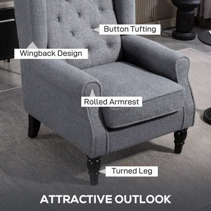 HOMCOM Wingback Accent Chair, Retro Upholstered Button Tufted Occasional Chair for Living Room and Bedroom, Grey