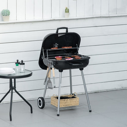 Outsunny Portable BBQ Charcoal Grill with 2 Wheels and Cooking Utensils, Smoker Grill with Lid for Outdoor Barbecues, Camping, Picnic, Courtyard 
