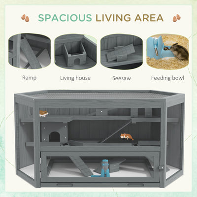 PawHut 3 Tier Wooden Large Hamster Cage with Sliding Tray, Seesaws, Water Bottle, Grey 