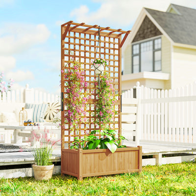 Outsunny Raised Bed with Drainage Holes, Wood Planter with Trellis for Climbing Plants to Grow Vegetables, Flowers, Yellow 