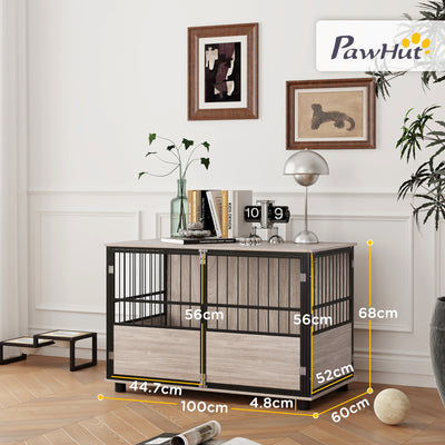PawHut 100cm Furniture Style Dog Crate Dog Cage End Table Indoor with 3 Doors Soft Washable Cushion, for Large Sized Dogs 