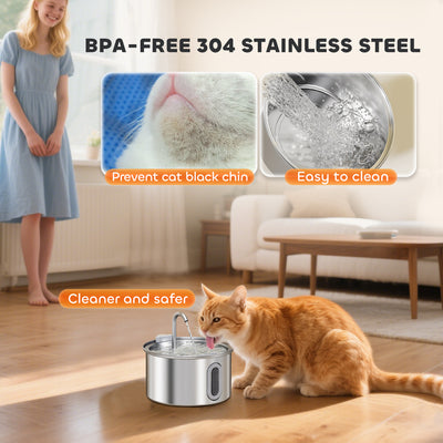 PawHut 2.5L Stainless Steel Cat Water Fountain for Drinking with Ultra-Silent Pump, Water-Level Window, Filters 