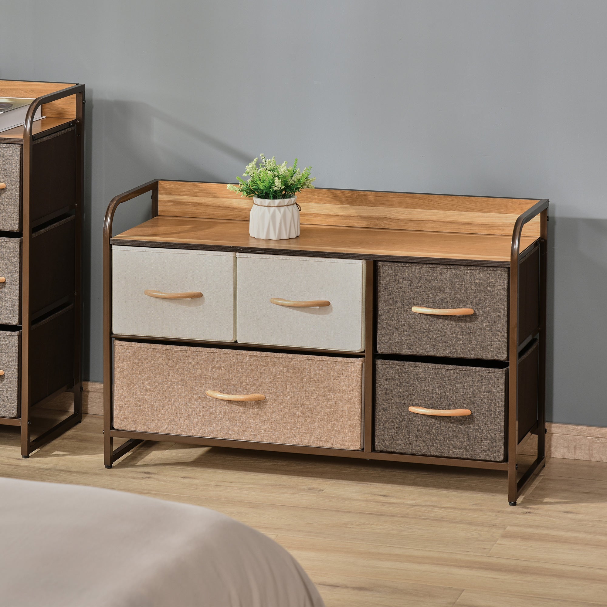 HOMCOM 5-Drawer Dresser, Linen Fabric Chest of Drawers, Dresser Tower Unit for Bedroom Hallway Entryway, Storage Organizer with Steel Frame Wooden Top 