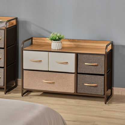 HOMCOM 5-Drawer Dresser, Linen Fabric Chest of Drawers, Dresser Tower Unit for Bedroom Hallway Entryway, Storage Organizer with Steel Frame Wooden Top 