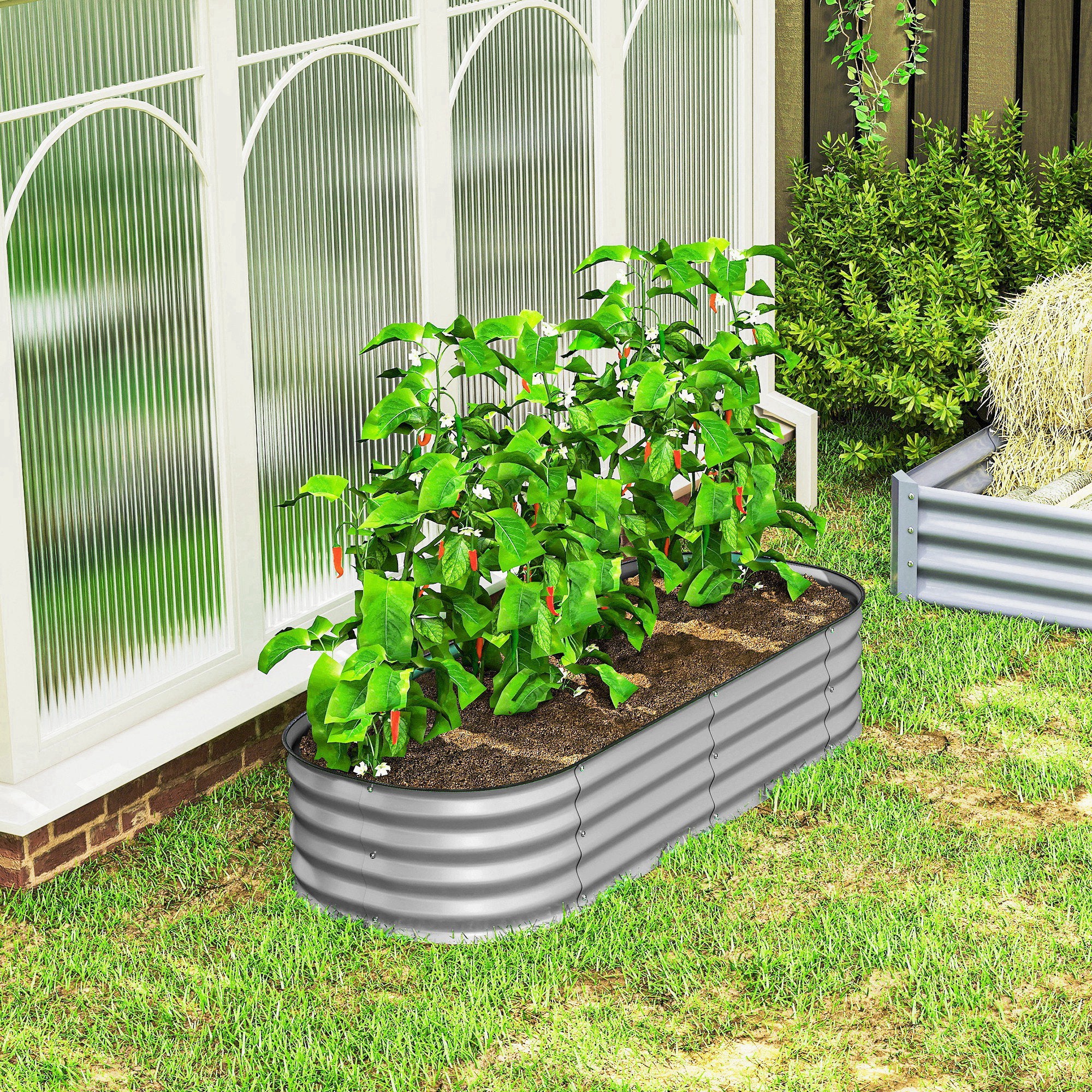 Outsunny Galvanised Raised Garden Bed, Metal Planter Box with Safety Edging, for Flowers, Herbs, Succulents, Silver 