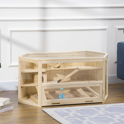 PawHut 3 Tier Wooden Large Hamster Cage with Sliding Tray, Seesaws, Water Bottle, Natural 