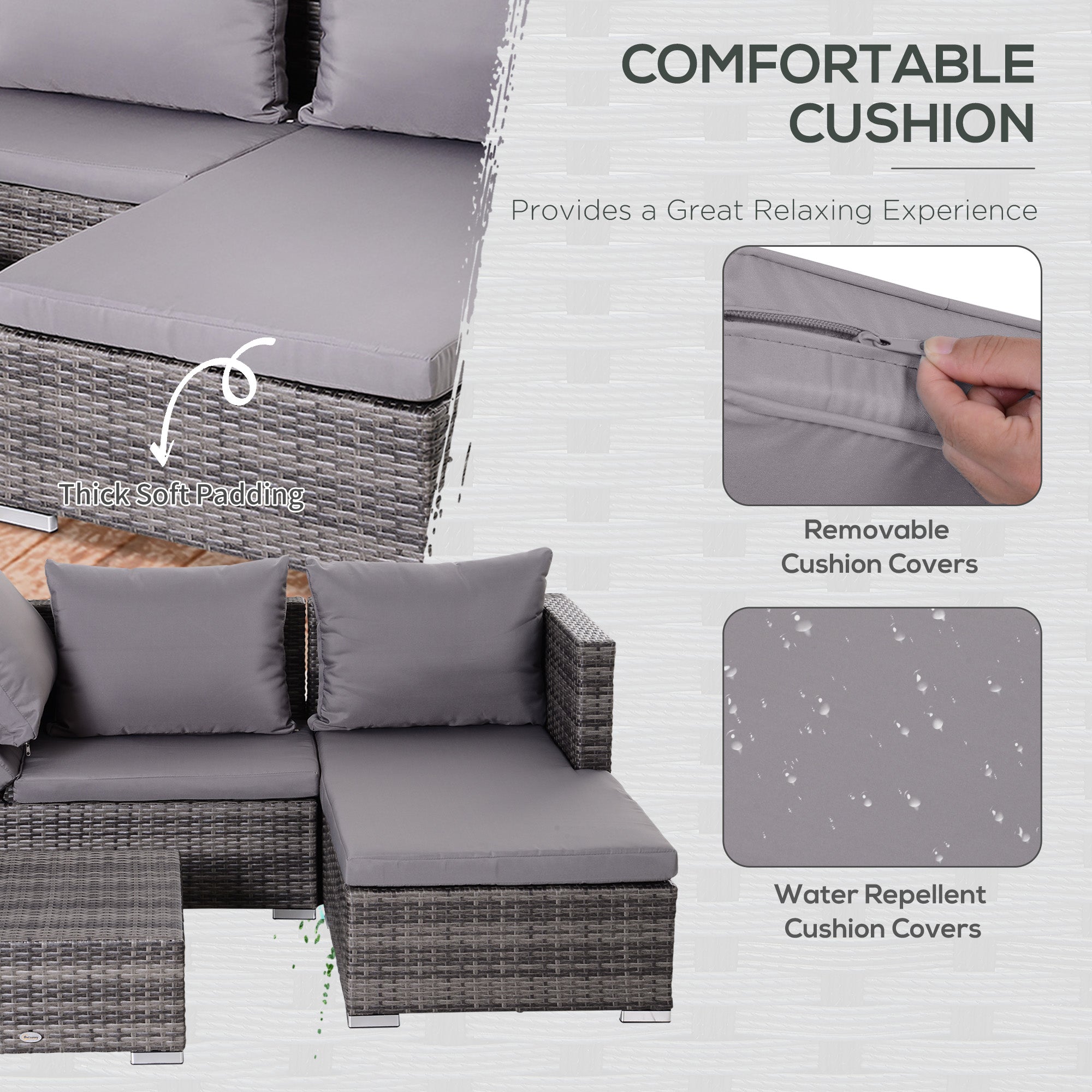 Outsunny 3PC Rattan Garden Furniture Storage Sofa Set 4 Seater Wicker Coffee Table Conservatory Sun Lounger Reclining Set Outdoor Weave with Cushion Grey 