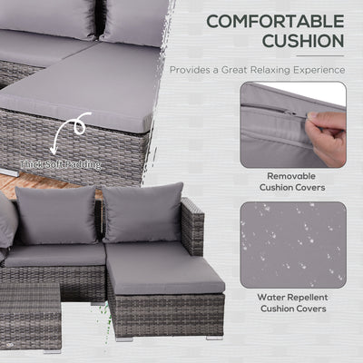 Outsunny 3PC Rattan Garden Furniture Storage Sofa Set 4 Seater Wicker Coffee Table Conservatory Sun Lounger Reclining Set Outdoor Weave with Cushion Grey 