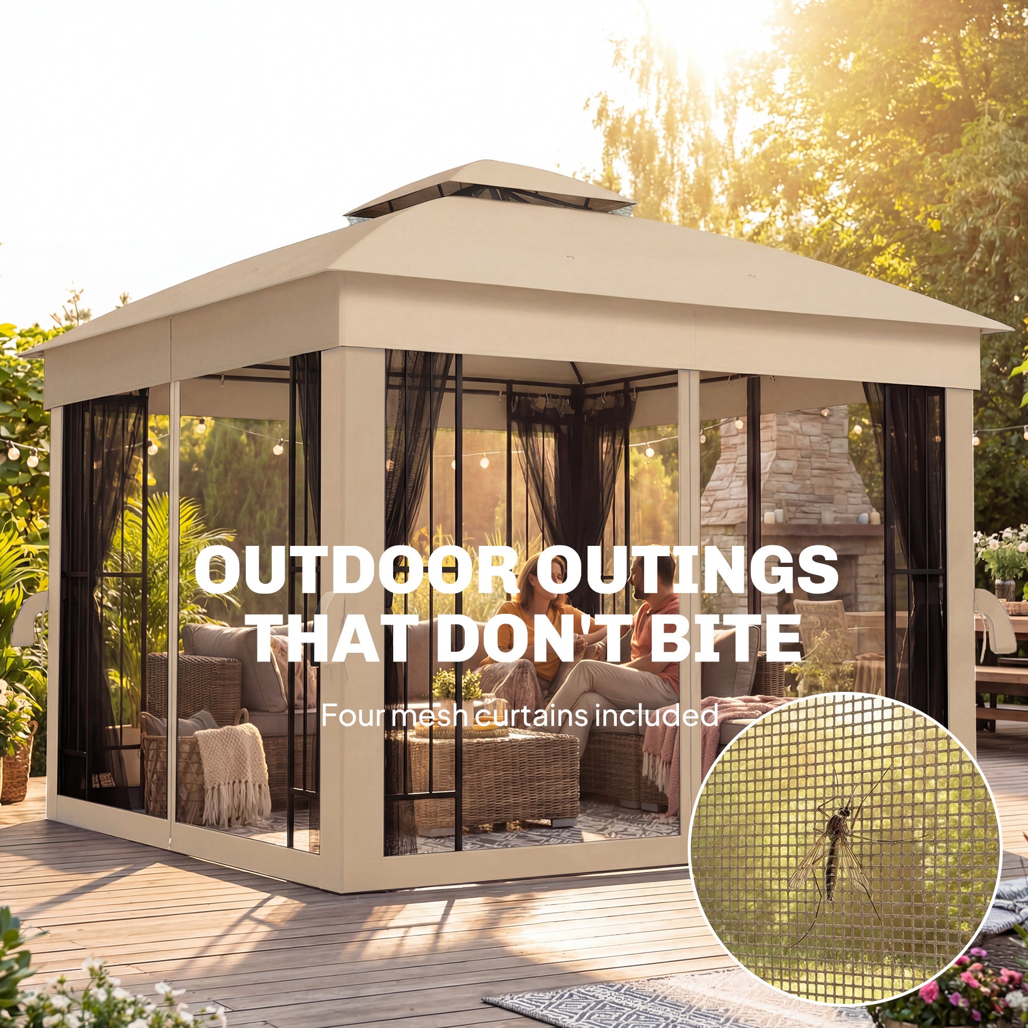 Outsunny 3 x 3 m Outdoor Garden Gazebo with Post Shelves, UPF50+ Double Roof Patio Permanent Pavilion, Brown 