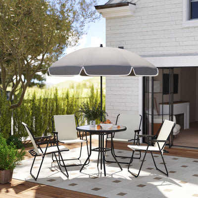 Outsunny 4 Seater Garden Furniture Set, 6 Pieces Garden Table and Chairs with Parasol, Outdoor Garden Dining Set with Folding Chairs and Round Glass Top Table for Patio, Cream White 