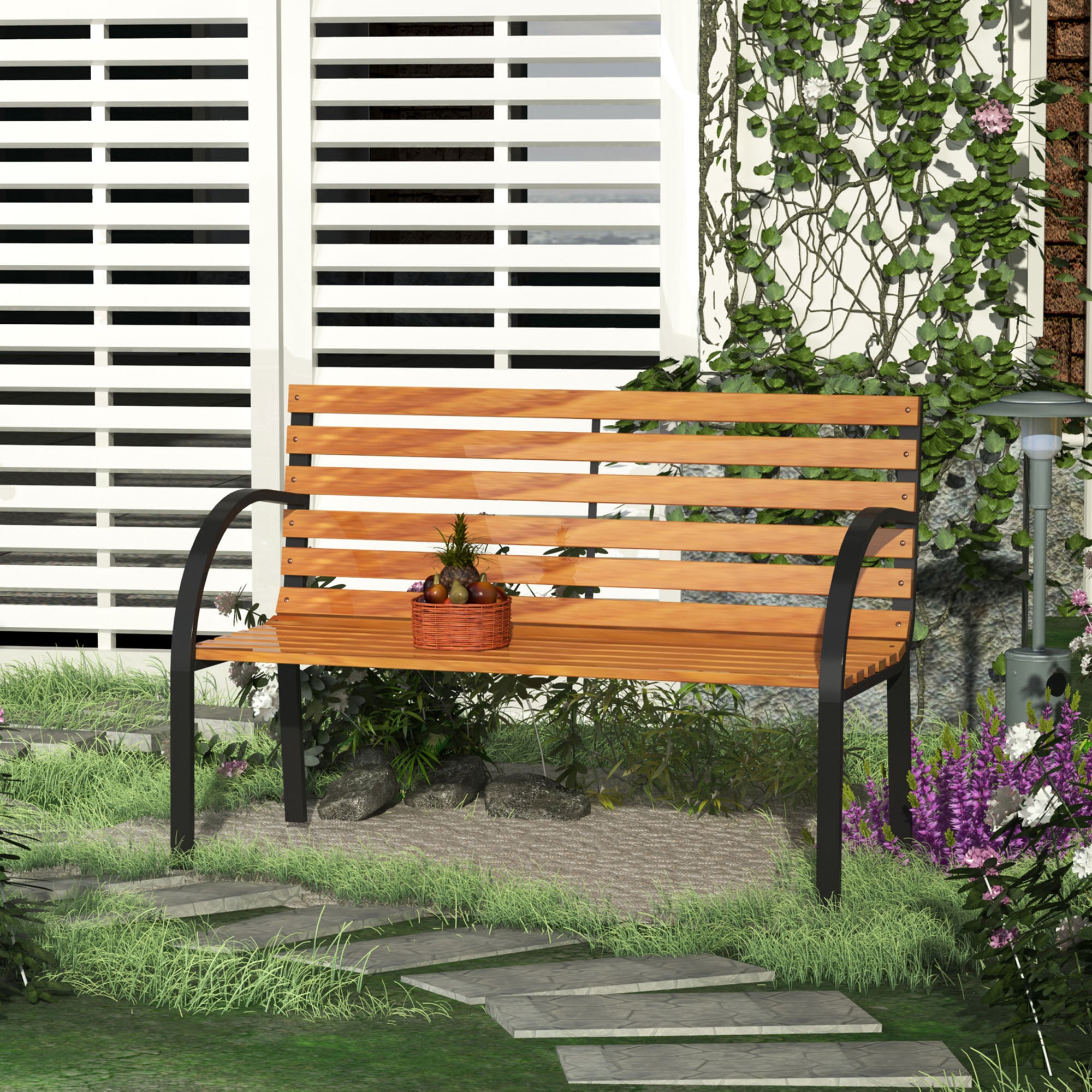 Outsunny Garden Bench, 122Lx60Wx80H cm-Steel/Wood 