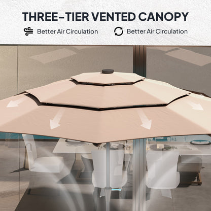 Outsunny 3-Tier Garden Parasol with Solar LED Lights, UPF 30+, Tilt Mechanism & Crank Handle, for Market Terrace, Khaki 