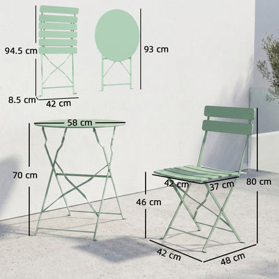 Outsunny Folding Garden Bistro Set, Outdoor Round Bistro Table and Chairs Set 2 with Electrophoresis Metal Frame, Light Green 