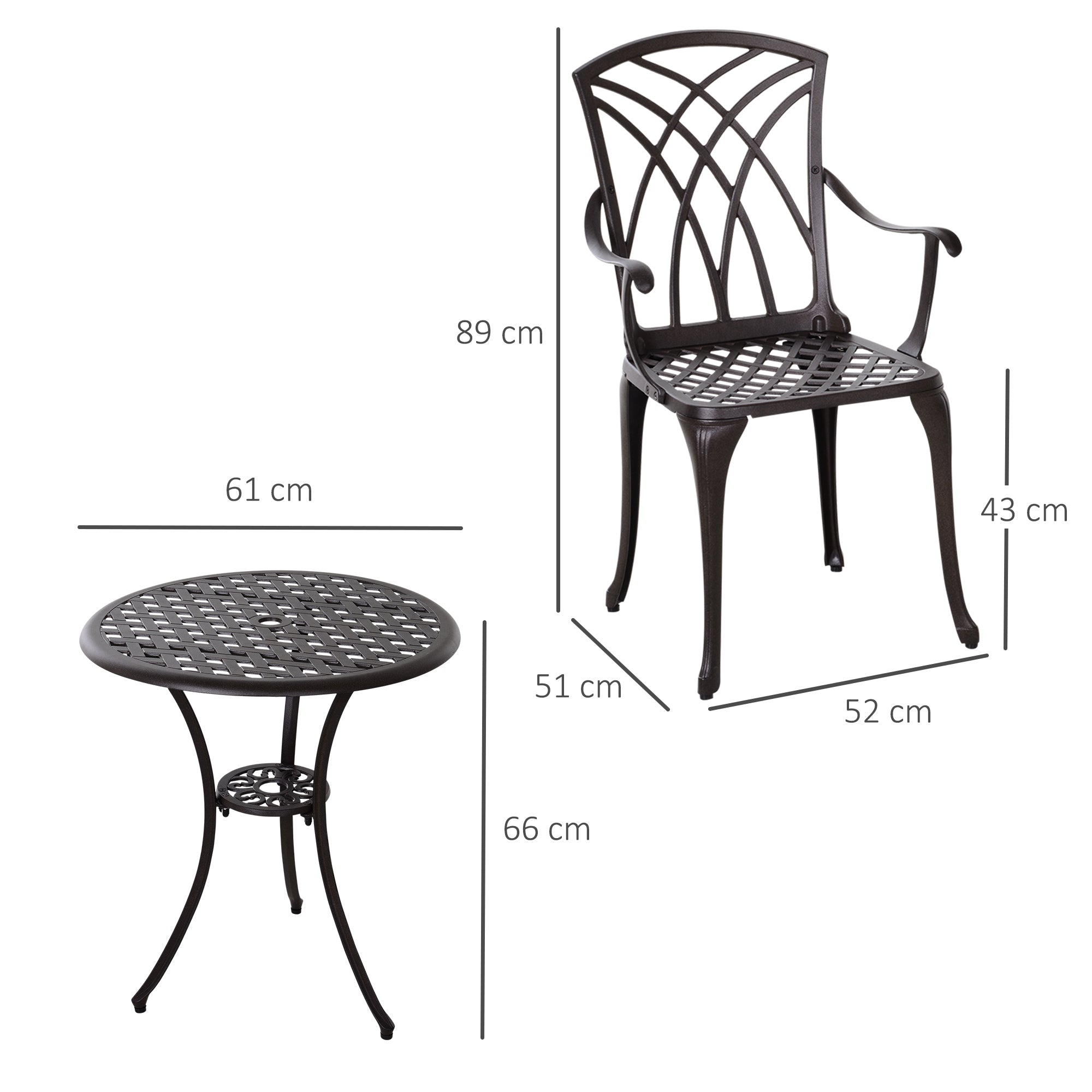 Outsunny 3 Pieces Garden Dining Set for 2, Cast Aluminium Outdoor Dining Set with 2 Armchairs and Round Dining Table with Parasol Hole, Garden Furniture Set, Brown 