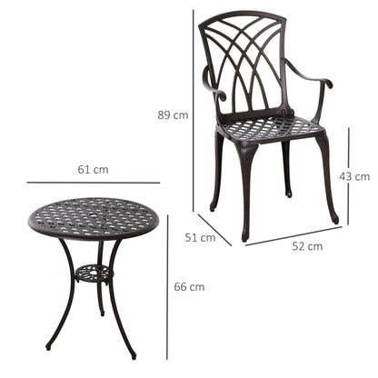 Outsunny 3 Pieces Garden Dining Set for 2, Cast Aluminium Outdoor Dining Set with 2 Armchairs and Round Dining Table with Parasol Hole, Garden Furniture Set, Brown 