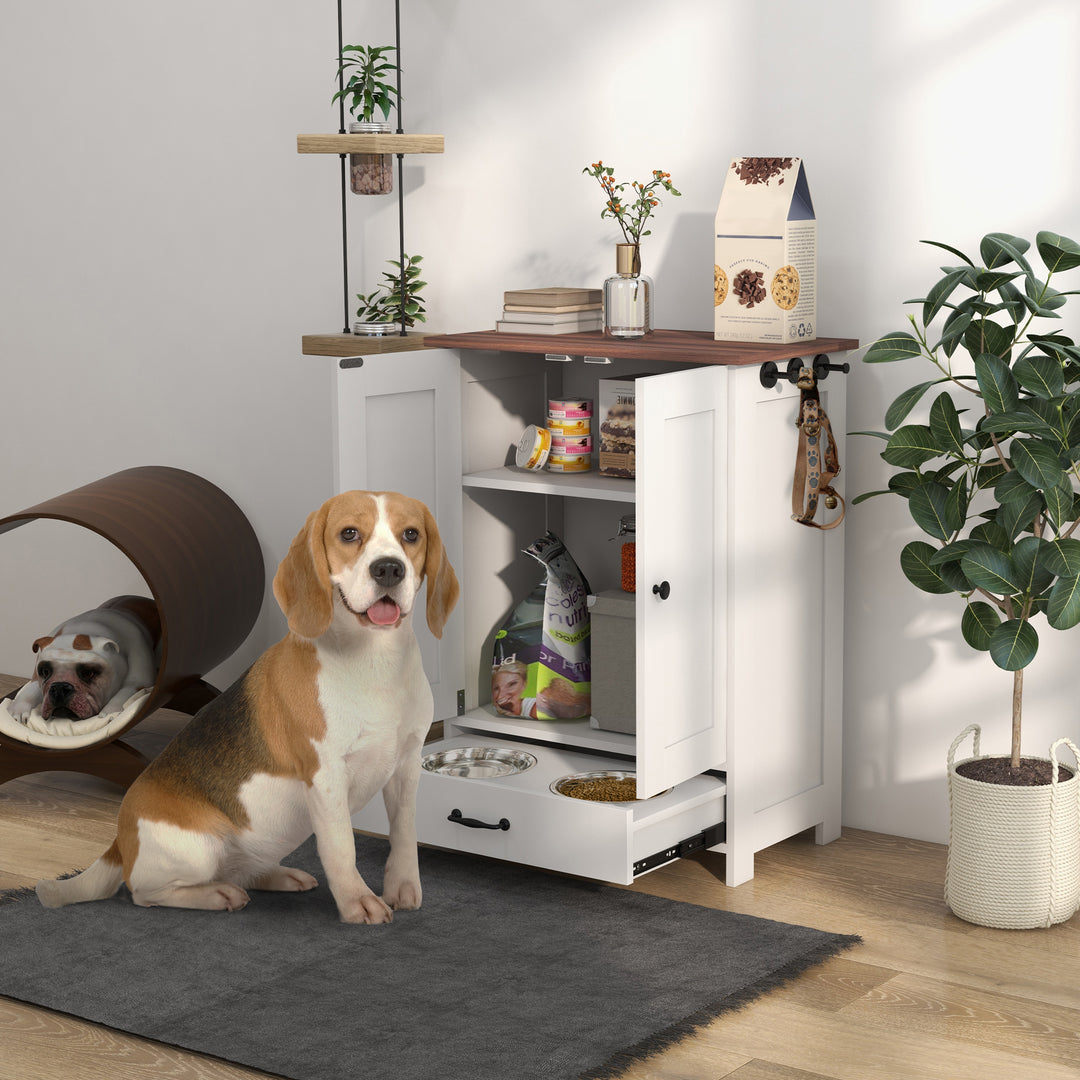 PawHut Pet Feeding Station with Raised Dog Bowls, Adjustable Panel, Hooks, Dog Food Storage Cabinet, White 