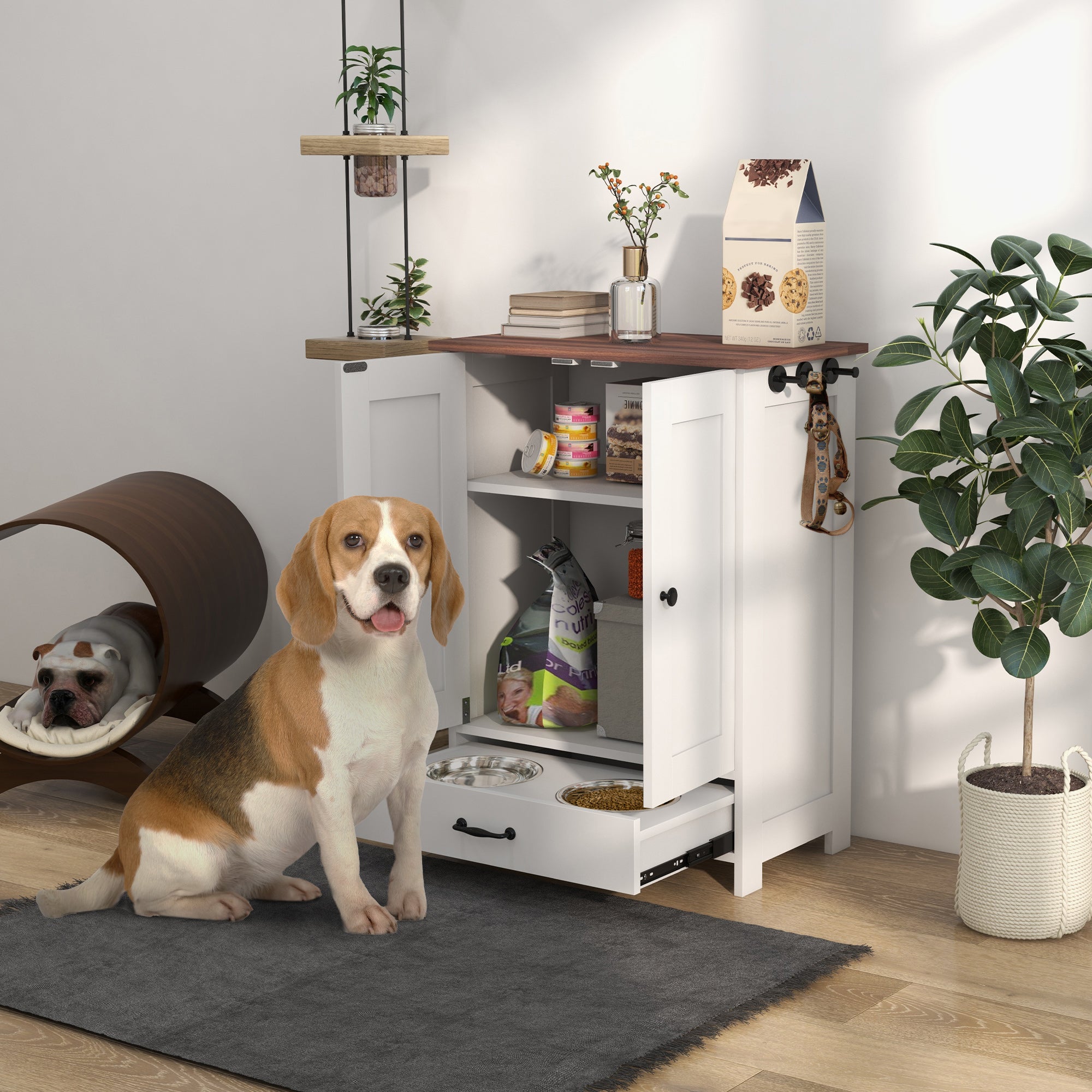 PawHut Pet Feeding Station with Raised Dog Bowls, Adjustable Panel, Hooks, Dog Food Storage Cabinet, White