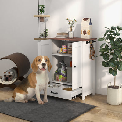PawHut Pet Feeding Station with Raised Dog Bowls, Adjustable Panel, Hooks, Dog Food Storage Cabinet, White 