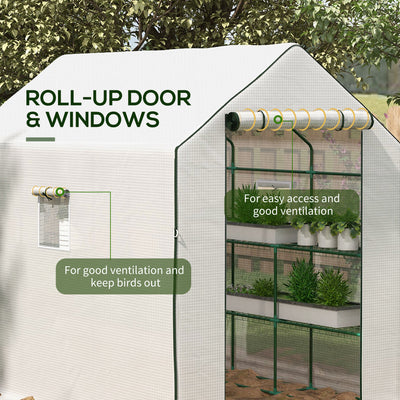 Outsunny Walk-in Greenhouse with 3 Tier 12 Shelves, Small Greenhouse with Reinforced PE Cover, Garden Plant Growhouse with Roll-up Door and Three Mesh Windows, 140 x 213 x 190 cm, White 