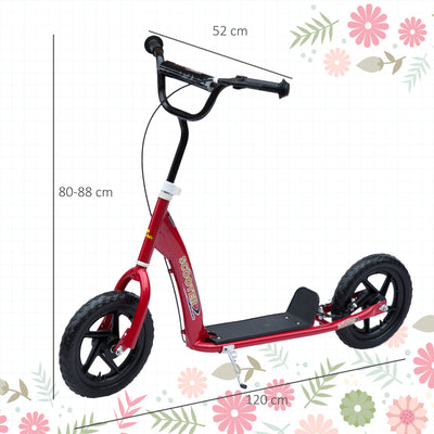 HOMCOM Kids Scooter Kick Scooter with 12" EVA Tyres, Rear Brake, Big Wheels Scooter for 5-12 Years Old, Red 